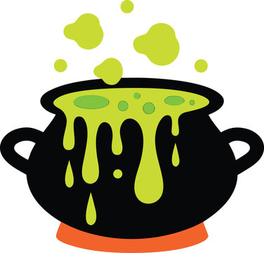 Black witch cauldron with boiling green magic potion Vector
