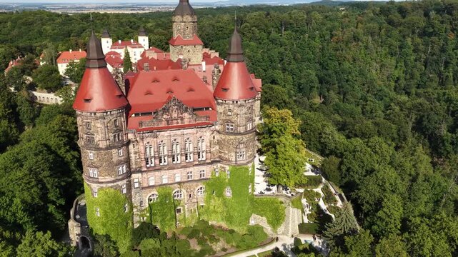 Aerial view of Ksiaz Castle, the third largest in Poland, Walbrzych, Poland