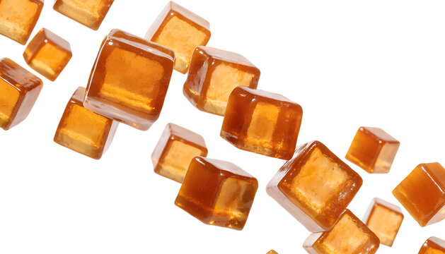 Flying Caramel Candy Cubes Golden Toffee Chunks Levitating Isolated PNG