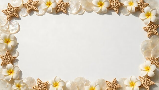 Woven rattan stars capiz shells and frangipani flowers arranged neatly. Cultural flat lay concept
