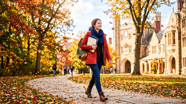 Happy young female college student carrying heavy textbooks while walking along stone pathway across university campus grounds during bright fall season