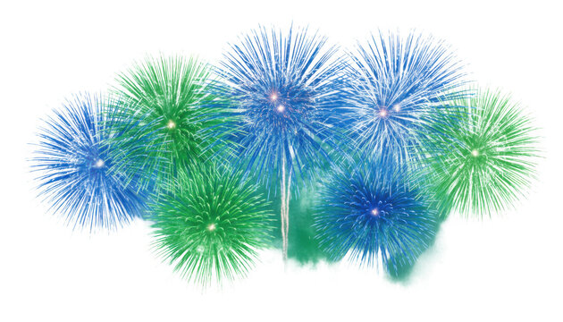 Exploding fireworks in blue and green hues during a festive celebration with a bright ethereal glow