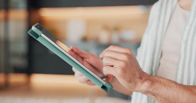 Creative, remote work and hands with tablet in home, online and checking email on web and feedback. Writer, search and person with tech, freelance or browsing social media for project update on app