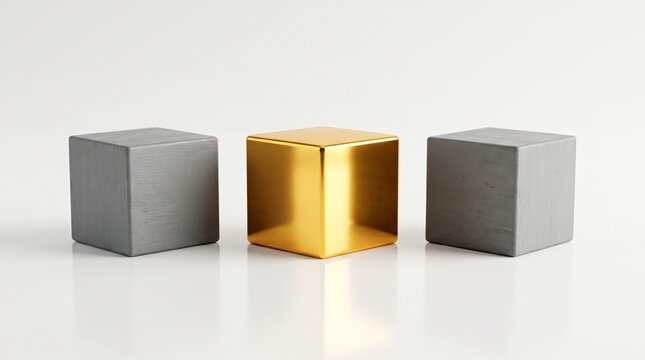 Row of Three Cubes with Central Gold Block Between Grey Blocks for Prioritization Concept
