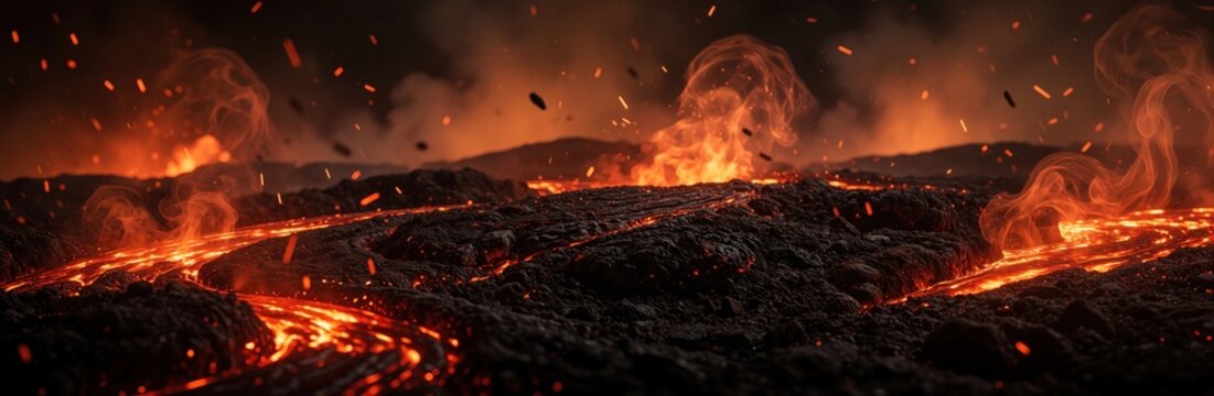 Molten lava flows through dark volcanic rock landscape at night. Glowing red magma streams move across rocky ground under smoke, fire sparks. Intense heat from volcanic eruption creates dramatic