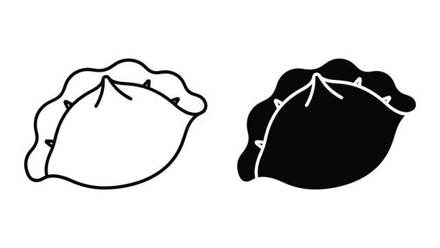 Set of two dumplings, handdrawn outline and solid black silhouette icons, traditional asian food, dim sum, gyoza, or pierogi vector illustration