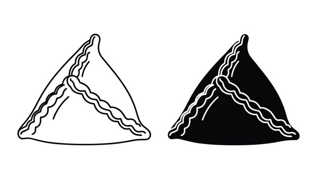 Set of two samosa icons, traditional indian fried pastry snack, outline and silhouette style vector illustration for food menu or culinary design
