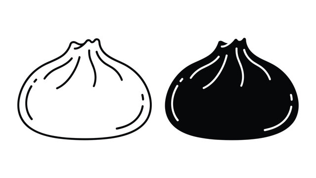 Set of two dumplings icons, outline and solid style, traditional asian food, steamed bun, dim sum, vector illustration isolated on white background
