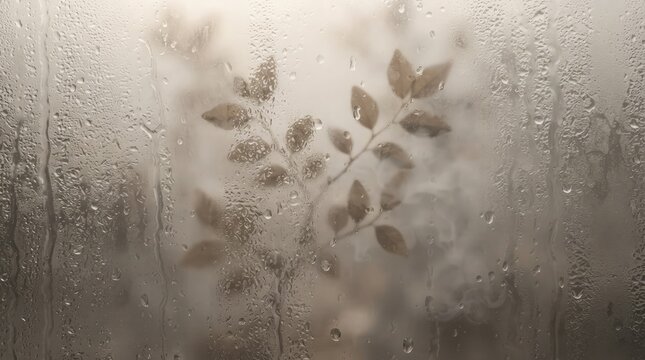 Close up view of a blurry tree branch with autumn leaves visible through a rainy window pane with water droplets trickling down the wet glass surface creating a melancholic seasonal atmosphere