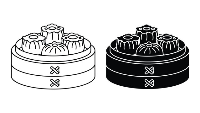 Dim sum in bamboo steamer basket, traditional chinese steamed dumplings, vector illustration set