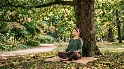 Obraz premium Peaceful young adult female practicing yoga meditation while sitting cross legged upon woven mat beneath large majestic tree inside sunny green summer park