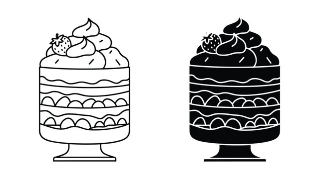 Set of two icons of a layered strawberry trifle dessert in a glass bowl, line art and solid silhouette style illustration