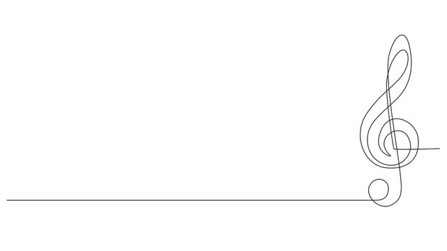animated continuous line drawing of a treble clef with copy space, music note line art animation