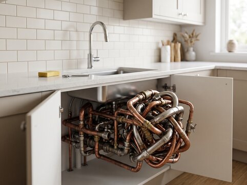 Tangled plumbing pipes bursting out of a kitchen sink cabinet.