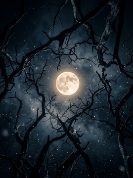 A low angle view of a bright full moon shining through a canopy of dark silhouetted bare tree branches against a deep night sky filled with small twinkling stars.