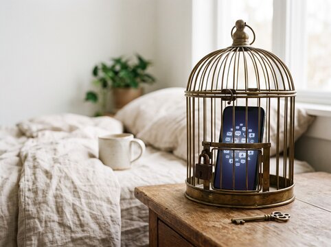 Smartphone locked in a birdcage representing digital detox at home.