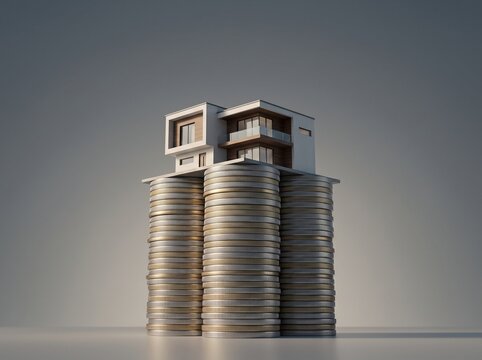 Modern house model on coin stacks symbolizing real estate investment.