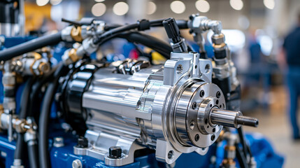 Fototapeta premium Professional engineering close up of a variable displacement piston pump mounted on industrial hydraulic equipment, precision machined aluminum housing catching bright reflected light, complex hydra