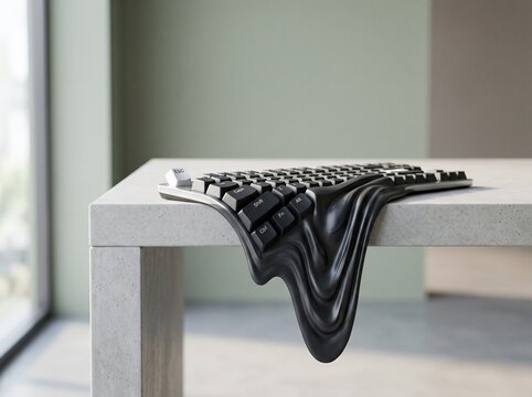 Melting computer keyboard dripping over a desk representing burnout.