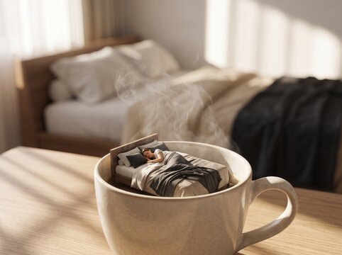 Miniature bed with sleeping person inside a steaming coffee cup.