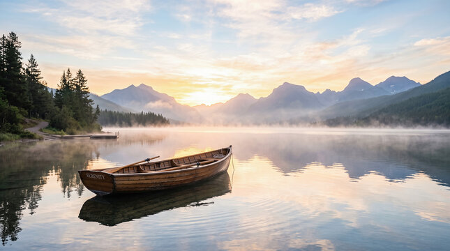 Empty wooden rowboat floating gently upon calm reflective lake water surrounded by majestic mountain peaks and green forest pine trees during sunrise