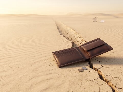 Brown leather wallet on cracked desert ground with coins and cart