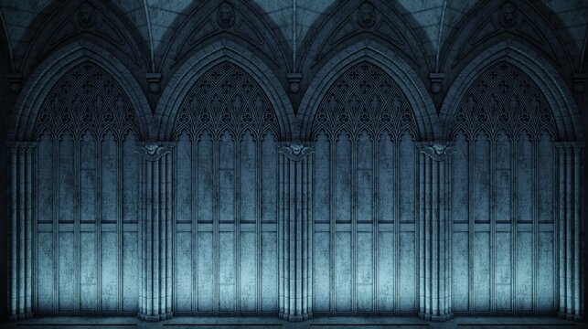 Abandoned night castle with a large gothic window or crypt