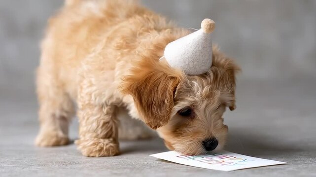 Adorable puppy wearing birthday hat holds greeting card with happy birthday message