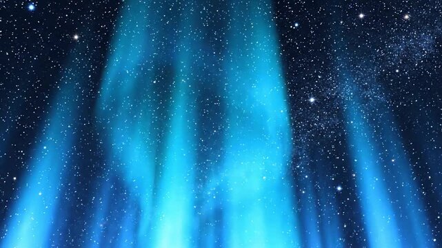 Abstract blue night sky background with bright stars and vertical light rays