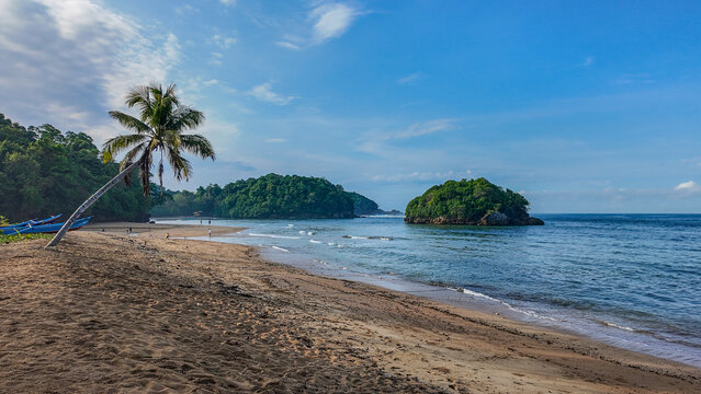 Under the clear blue sky, admire the stunning tropical beach filled with sand, rocks, coconut trees, and tourists. Kondang Merak Beach, Malang, Indonesia.