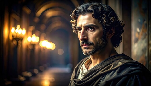 Introspective Roman Scholar in an Ancient Hallway, Illuminated by Warm Torches