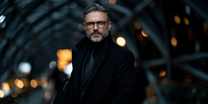 futuristic business executive in modern glass terminal, bearded businessman in formal attire with briefcase, middleaged professional standing in futuristic architectural interior