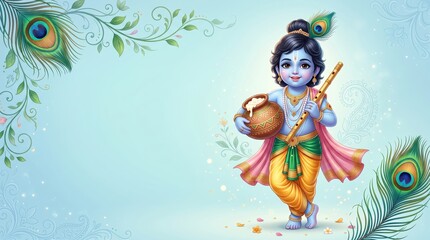 Naklejka premium Cute baby krishna holding butter pot and flute with peacock feathers and floral background, for krishna janmashtami