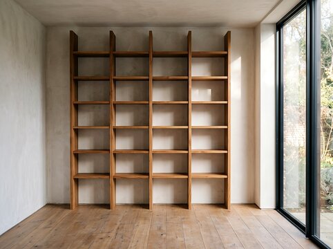 Large built-in wooden shelving unit in a spacious minimalist interior