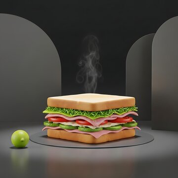 Large stacked sandwich with fresh vegetables and pickle on plate