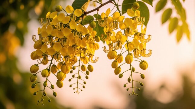 Golden Konna flowers bloom on tree branch during Vishu festival in Kerala. Bright yellow Cassia fistula blossoms decorate nature with warm sunlight. Traditional Indian spring celebration background