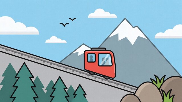 Red funicular train climbing a steep mountain track past evergreen trees with mountainous landscape evergreen