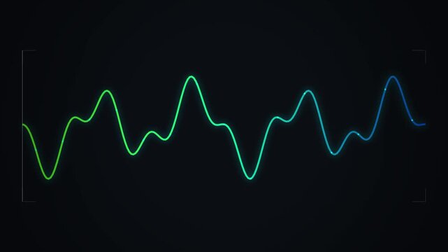 Abstract digital audio waveform or sound wave graph with vibrant green and blue colors on a dark background, symbolizing sound, music, technology, and data visualization