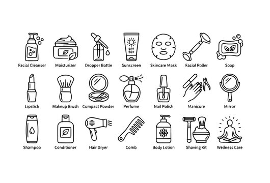 Beauty and personal care line icon collection with skincare makeup haircare and cosmetic symbols