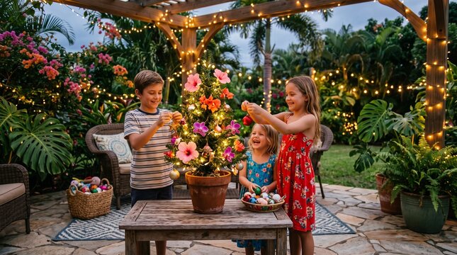 Three happy children decorating a tropical Christmas tree outdoors with flowers and lights