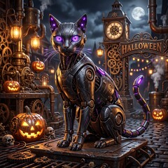 Fototapeta premium Futuristic Cyberpunk Neon Jack O Lantern Stock Asset High-tech sci-fi twist on traditional Halloween concept