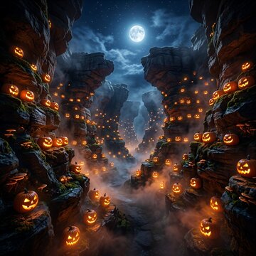 A dark, atmospheric rocky canyon at night filled with glowing jack o lanterns tucked into stone crevices, illuminated by a bright full moon and thick rolling mist.