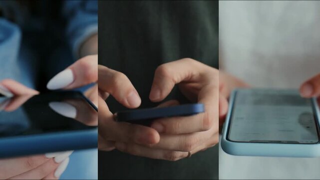 People, hands and collage with phone for network, global communication or business connection. Group, community or users typing on mobile smartphone in series or montage for data sync or social media