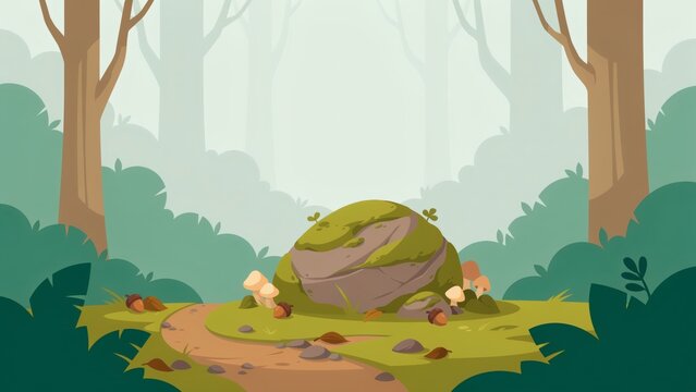 A mossy rock sits on a dirt path in a flat vector forest landscape with surrounded mushrooms acorns acorns rests winding