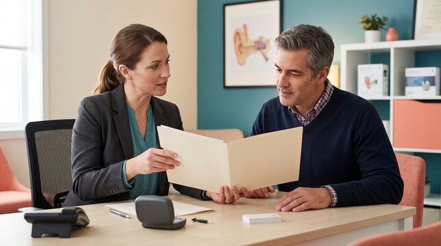 Hearing care service plan discussion with adult coordinator and client, blank folder, card reader and audiology clinic desk