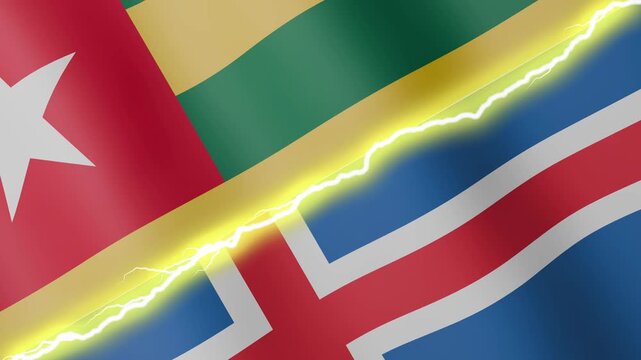 Two waving flags Tonga and Iceland with diagonal lightning seamless, 4k loop