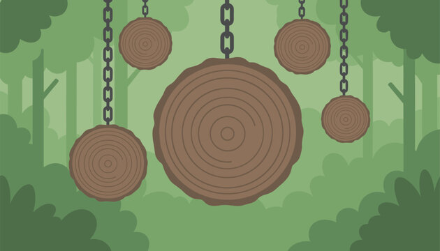 Wooden log circles are hanging from chains against a soft green background representing nature or rustic decor elements.