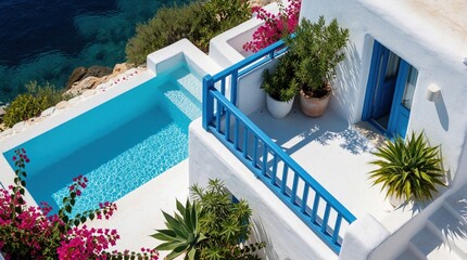 Obraz premium White villa with blue trim overlooks clear sea. Pool sits on sunlit cliffside terrace with rich potted plants. Bright Mediterranean vacation home invites relaxation by ocean.