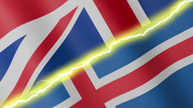Two waving flags United Kingdom and Iceland with diagonal lightning seamless, 4k loop