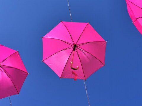 Vue de dessous de parapluies roses ouverts sous un fond de ciel bleu, symbolisant la lutte et la sensibilisation des femmes au d&eacute;pistage du cancer du sein